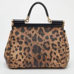 مملوكة مسبقًا Dolce & Gabbana Black/Beige Leopard Print Coated Canvas And Leather Medium Sicily Top Handle Bag