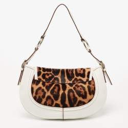 Pre Owned Dolce & Gabbana White/Brown Leopard Print Calf Hair and Leather Hobo