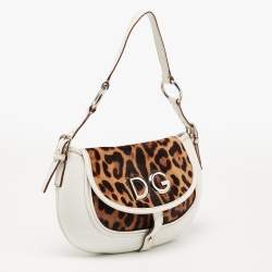 Pre Owned Dolce & Gabbana White/Brown Leopard Print Calf Hair and Leather Hobo