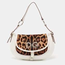 Pre Owned Dolce & Gabbana White/Brown Leopard Print Calf Hair and Leather Hobo