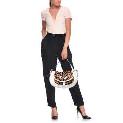 Pre Owned Dolce & Gabbana White/Brown Leopard Print Calf Hair and Leather Hobo
