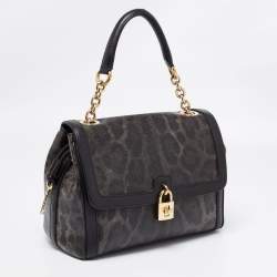 Pre Owned Dolce & Gabbana Black Leopard Print Coated Canvas and Leather Padlock Top Handle Bag