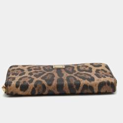 Pre Owned Dolce & Gabbana Beige/Brown Leopard Print Coated Canvas Zip Around Wallet