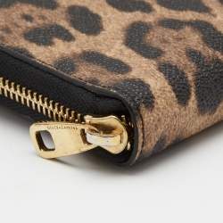 Pre Owned Dolce & Gabbana Beige/Brown Leopard Print Coated Canvas Zip Around Wallet