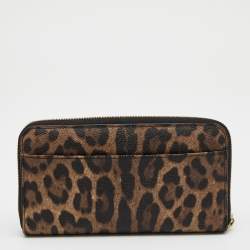 Pre Owned Dolce & Gabbana Beige/Brown Leopard Print Coated Canvas Zip Around Wallet