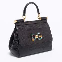 مملوكة مسبقًا Dolce & Gabbana Black Leather Small Embellished Miss Sicily Top Handle Bag