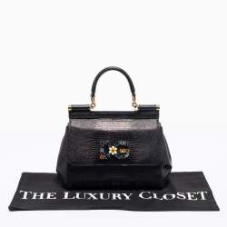 مملوكة مسبقًا Dolce & Gabbana Black Leather Small Embellished Miss Sicily Top Handle Bag