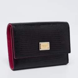 Pre Owned محفظة دولتشي أند غابانا جلد نقشة السحلية أسود ثلاثية الطي مضغوطة