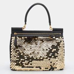 مملوكة مسبقًا Dolce & Gabbana Black/Gold Sequin And Woven Fabric Miss Sicily Top Handle Bag