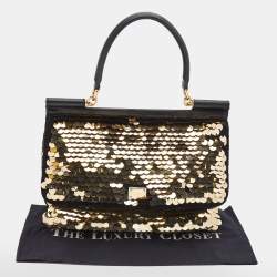 مملوكة مسبقًا Dolce & Gabbana Black/Gold Sequin And Woven Fabric Miss Sicily Top Handle Bag
