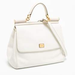 Pre Owned Dolce & Gabbana White Leather Large Miss Sicily Top Handle Bag