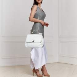 Pre Owned Dolce & Gabbana White Leather Large Miss Sicily Top Handle Bag