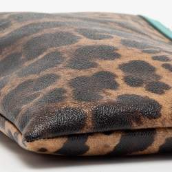 Pre Owned Dolce & Gabbana Brown/Turquoise Leopard Print Coated Canvas and Leather Wristlet Clutch