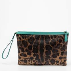 Pre Owned Dolce & Gabbana Brown/Turquoise Leopard Print Coated Canvas and Leather Wristlet Clutch