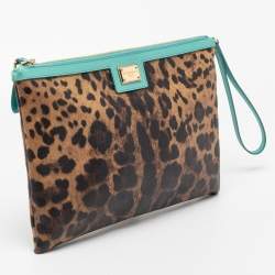 Pre Owned Dolce & Gabbana Brown/Turquoise Leopard Print Coated Canvas and Leather Wristlet Clutch