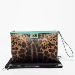 Pre Owned Dolce & Gabbana Brown/Turquoise Leopard Print Coated Canvas and Leather Wristlet Clutch