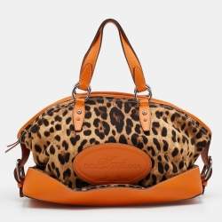 Pre Owned Dolce & Gabbana Orange/Brown Animal Print Canvas and Leather Animalier Satchel