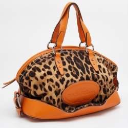 Pre Owned Dolce & Gabbana Orange/Brown Animal Print Canvas and Leather Animalier Satchel