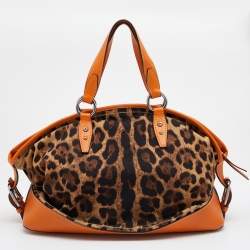 Pre Owned Dolce & Gabbana Orange/Brown Animal Print Canvas and Leather Animalier Satchel