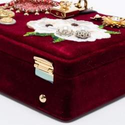 Pre Owned Dolce & Gabbana Burgundy Velvet and Lizard Embossed Leather Embellished Box Bag