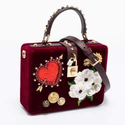 Pre Owned Dolce & Gabbana Burgundy Velvet and Lizard Embossed Leather Embellished Box Bag