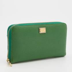 Pre Owned Dolce & Gabbana Green Leather Continental Zip Around Wallet