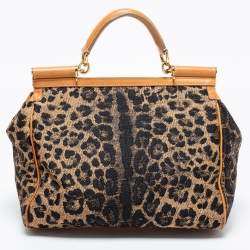 Pre Owned حقيبة دولتشي آند غابانا ميس سيسلي جلد وقماش بنقشة الفهد أسود / بني كبيرة بيد علوية