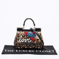 Pre Owned Dolce & Gabbana Beige/Brown Leopard Print Leather Studded Sicily Top Handle Bag