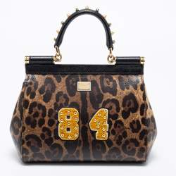 Pre Owned Dolce & Gabbana Beige/Brown Leopard Print Leather Studded Sicily Top Handle Bag