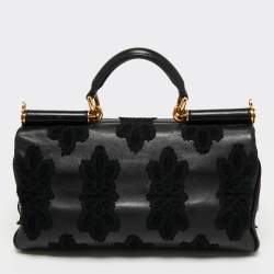 Pre Owned Dolce & Gabbana Black Leather and Crochet Patchwork Miss Sicily Top Handle Bag
