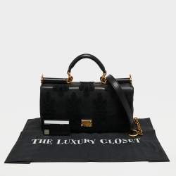 Pre Owned Dolce & Gabbana Black Leather and Crochet Patchwork Miss Sicily Top Handle Bag