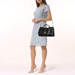 Pre Owned Dolce & Gabbana Black Leather and Crochet Patchwork Miss Sicily Top Handle Bag