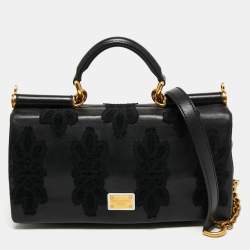 Pre Owned Dolce & Gabbana Black Leather and Crochet Patchwork Miss Sicily Top Handle Bag