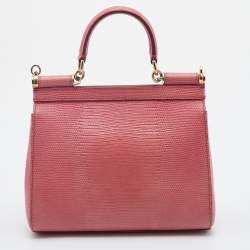 Pre Owned Dolce & Gabbana Peach Lizard Embossed Leather Miss Sicily Top Handle Bag