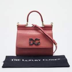 Pre Owned Dolce & Gabbana Peach Lizard Embossed Leather Miss Sicily Top Handle Bag