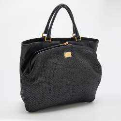 Pre Owned Dolce & Gabbana Black  Woven Raffia and Leather Kiss Lock Tote