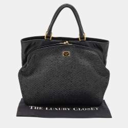 Pre Owned Dolce & Gabbana Black  Woven Raffia and Leather Kiss Lock Tote