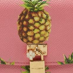 Pre Owned Dolce & Gabbana Pink Pineapple Print Leather Padlock Wallet