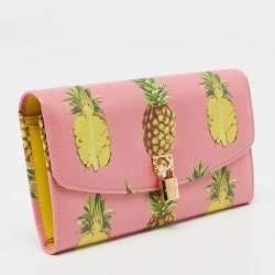 Pre Owned Dolce & Gabbana Pink Pineapple Print Leather Padlock Wallet
