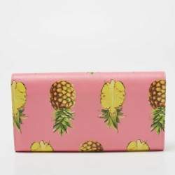 Pre Owned Dolce & Gabbana Pink Pineapple Print Leather Padlock Wallet