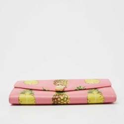 Pre Owned Dolce & Gabbana Pink Pineapple Print Leather Padlock Wallet