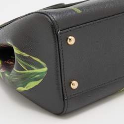 Pre Owned Dolce and Gabbana Black Multicolor Tulip Print Leather Medium Miss Sicily Top Handle Bag