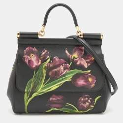 Pre Owned Dolce and Gabbana Black Multicolor Tulip Print Leather Medium Miss Sicily Top Handle Bag