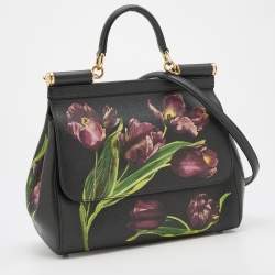 Pre Owned Dolce and Gabbana Black Multicolor Tulip Print Leather Medium Miss Sicily Top Handle Bag