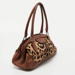 Pre Owned Dolce & Gabbana Brown Leopard Print Canvas and Leather Animalier Zip satchel 