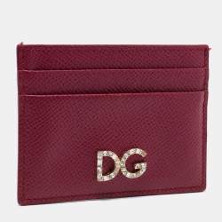 Pre Owned Dolce & Gabbana Burgundy Leather Crystal Embellished Logo Card Holder