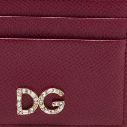 Pre Owned Dolce & Gabbana Burgundy Leather Crystal Embellished Logo Card Holder