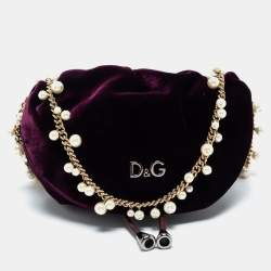 Pre Owned D&G Burgundy Velvet Drawstring Pearl Chain Shoulder Bag