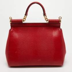 Pre Owned Dolce & Gabbana Red Lizard Embossed Leather Medium Miss Sicily Top Handle Bag