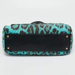 Pre Owned Dolce & Gabbana Blue/Brown Leopard Print Raffia Large Miss Sicily Top Handle Bag